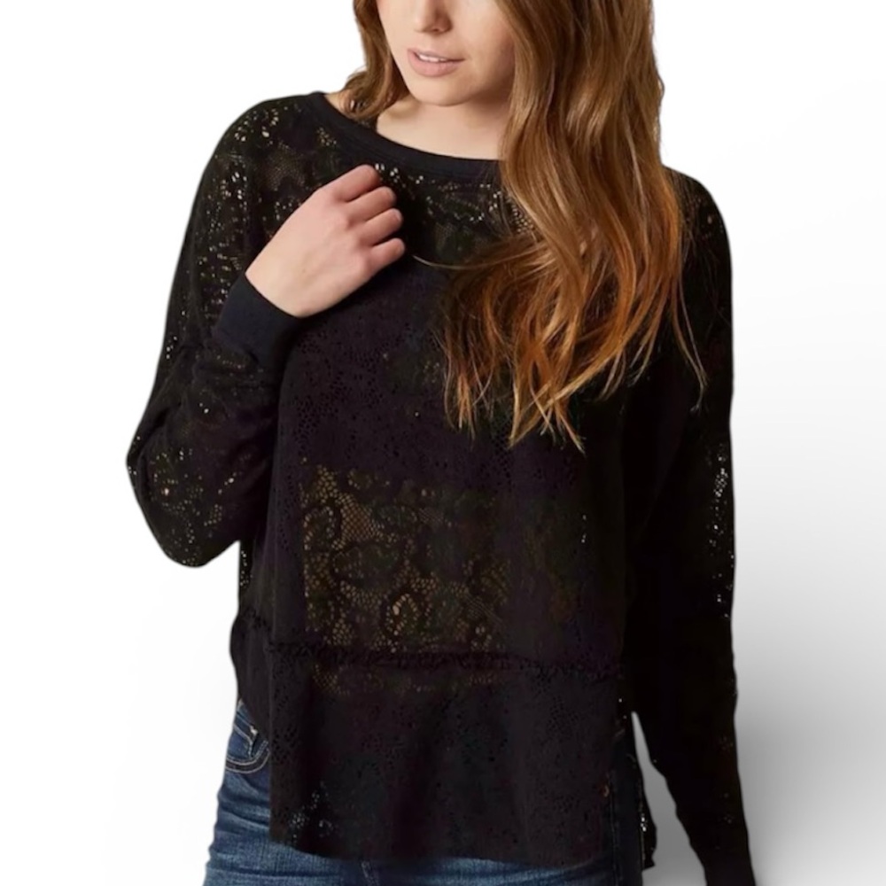 Free People Sheer Soft Lace Long Sleeve Sweater Top Black Boxy Fit Medium